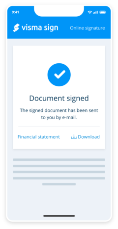 mobile view showing that a document have been signed in Visma Sign
