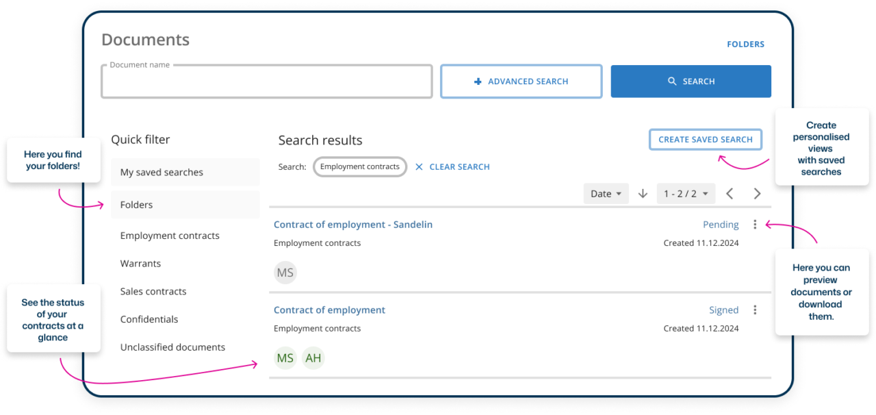 Dashboard view of contract management features in Visma Sign